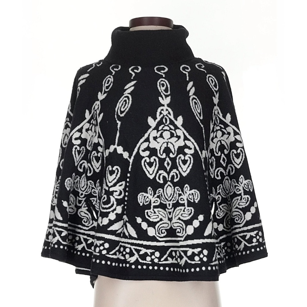 Max Mara 100% Wool Graphic Knit Turtleneck Poncho Cape - Picture 2 of 16
